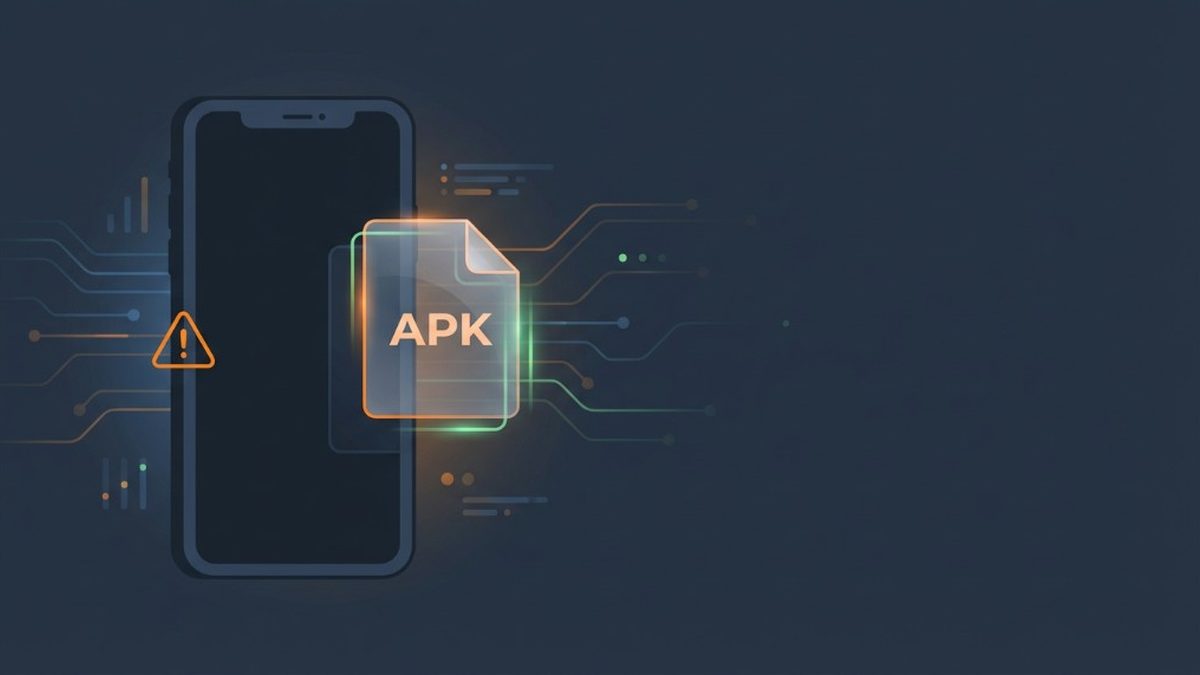 Android phone with glowing APK file icon, warning triangle, and circuit-style lines—App Not Installed troubleshooting hero